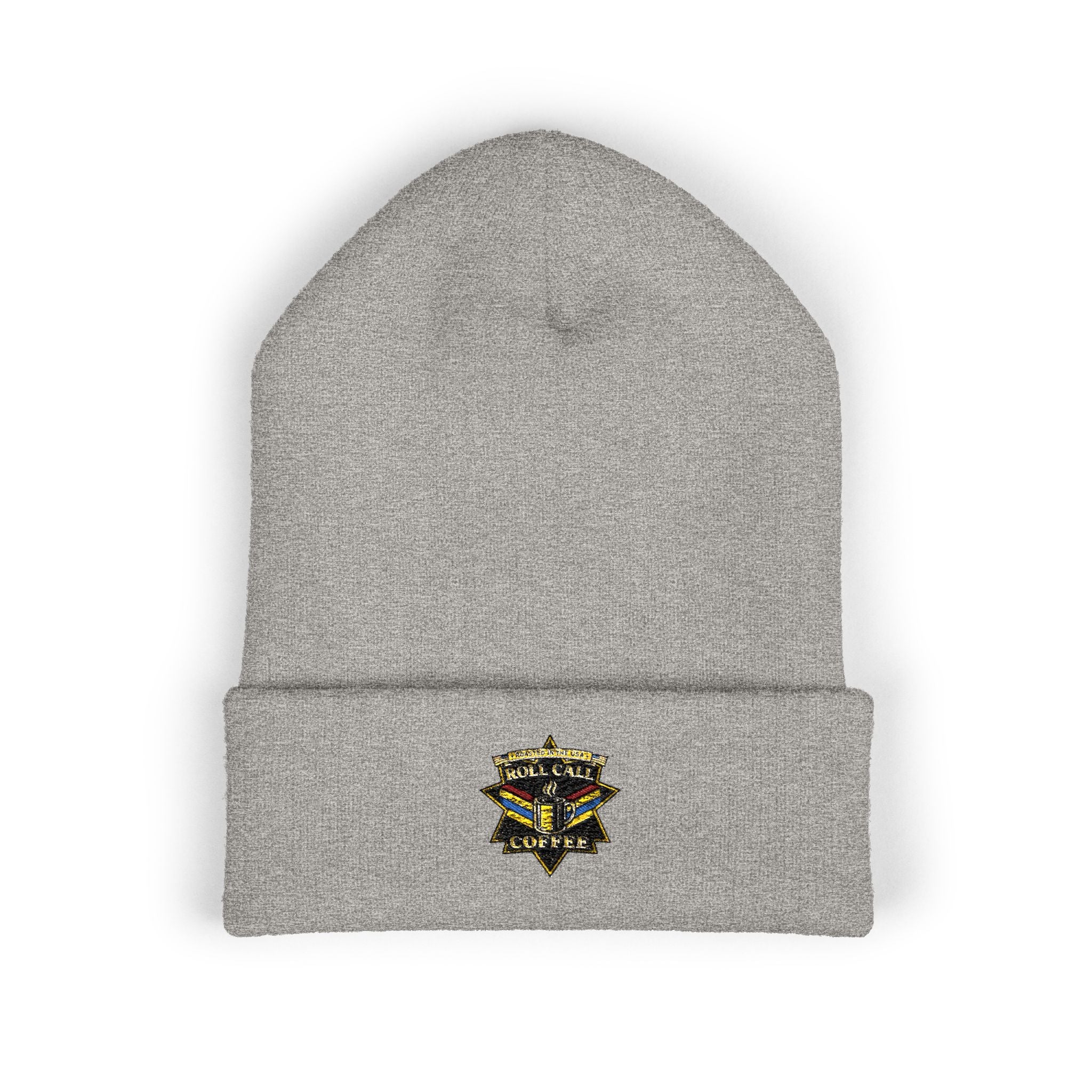 Embroidered Gold Star Crest Beanie — Classic Cuffed Knit Hat