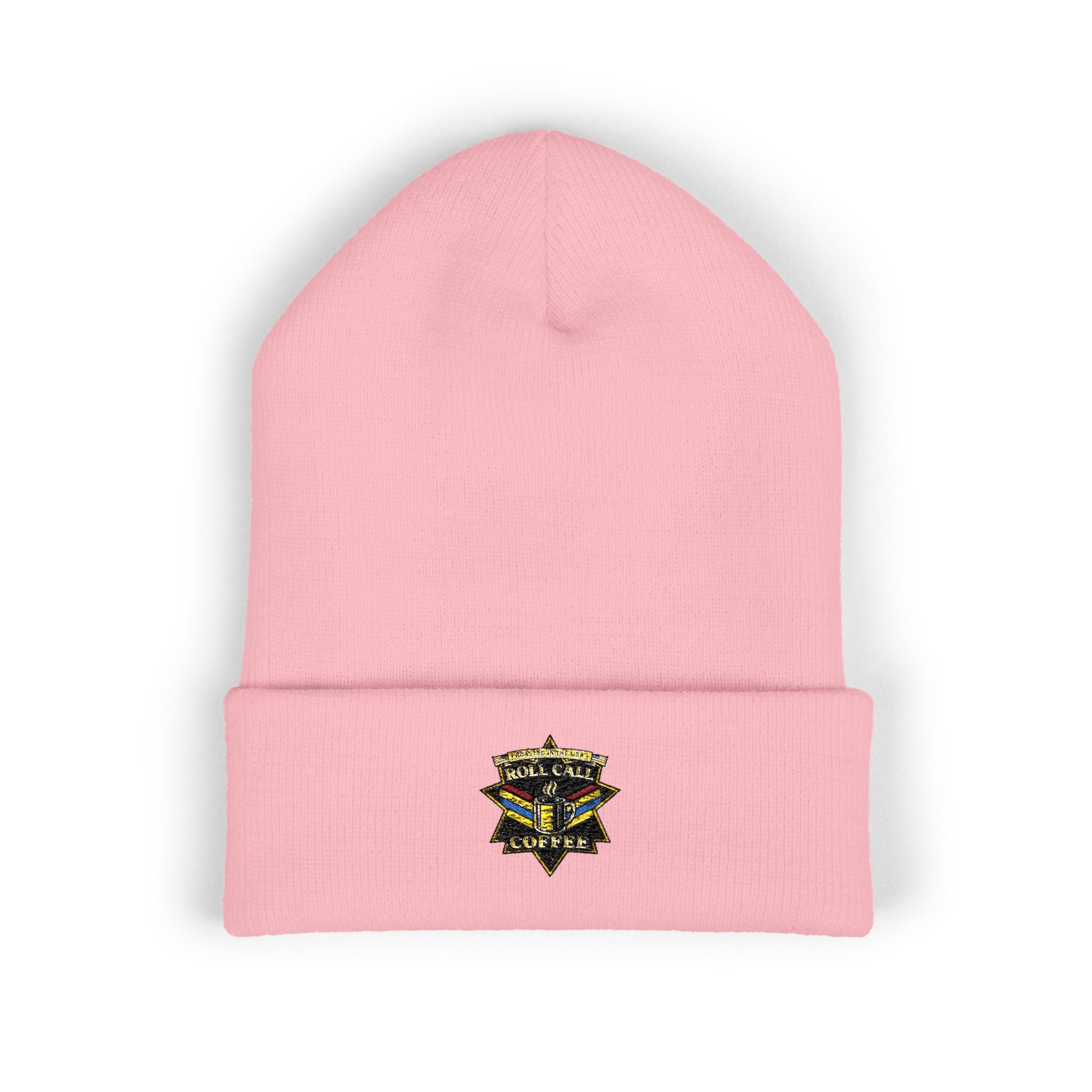 Embroidered Gold Star Crest Beanie — Classic Cuffed Knit Hat