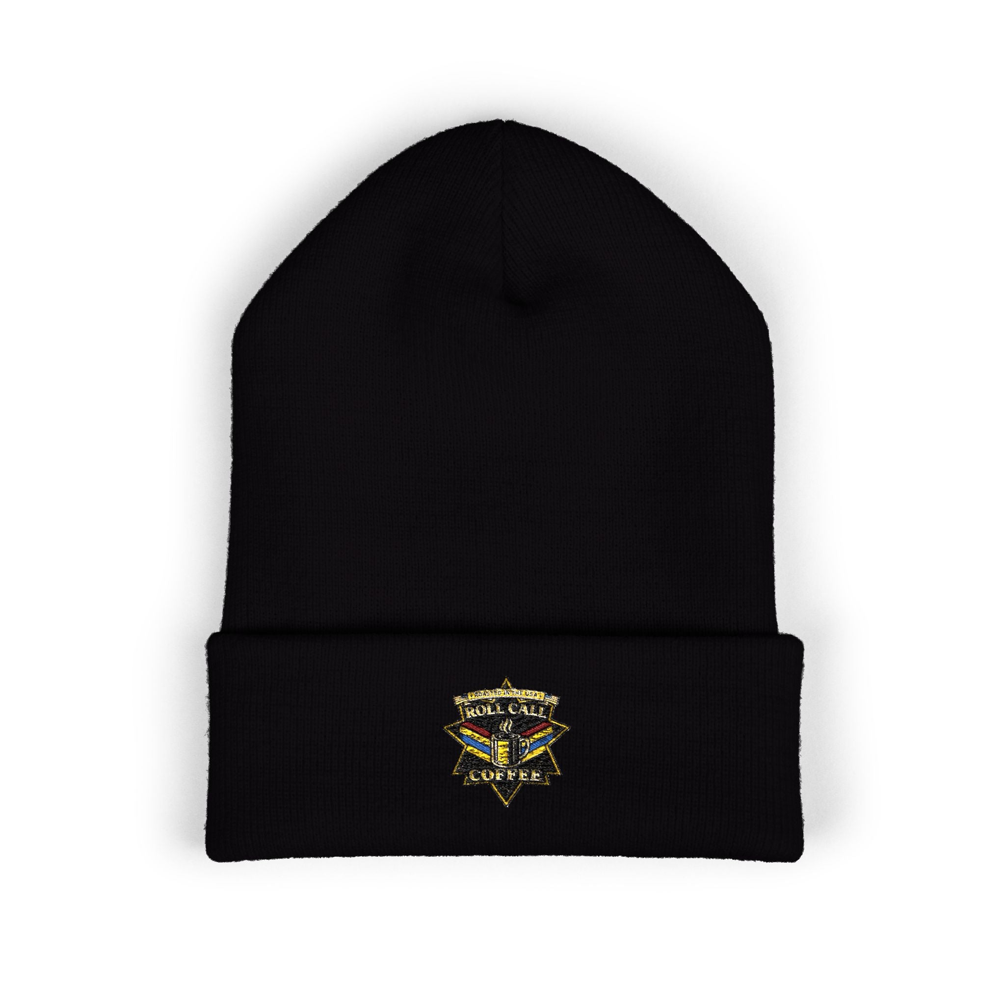 Embroidered Gold Star Crest Beanie — Classic Cuffed Knit Hat