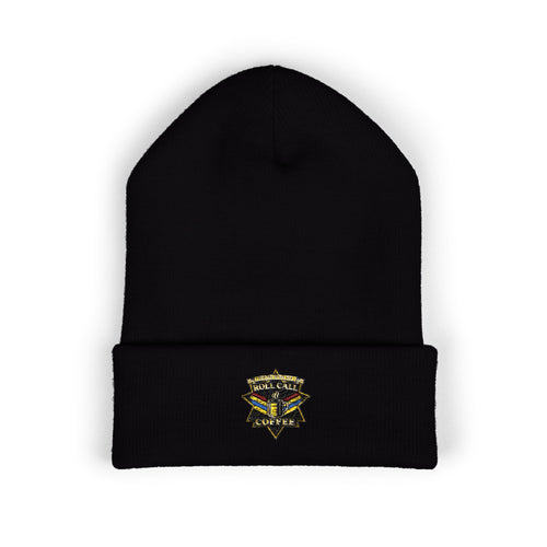 Embroidered Gold Star Crest Beanie — Classic Cuffed Knit Hat
